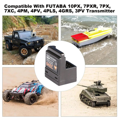 Collage showcasing 4CH 2.4GHz RC Receiver With SBUS2 And 8.4V High Voltage Internal Antenna with RC cars, boat, and tank models.