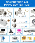 Compressed air piping content list for Three Quarter Inch Garage Air Line Kit with various fittings and tools.