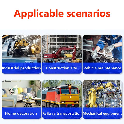 Collage with industrial production, construction site, vehicle maintenance, home decoration, railway transport, mechanical equipment scenarios.