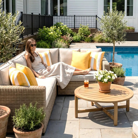 Outdoor pillow covers set of 2 18x18 waterproof throw pillow covers on patio furniture by pool with woman relaxing nearby.