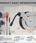 65Ft Pressure Washer Hose Reel Auto Retractable 3200 Psi Power Washer Reel with 4 Roller Anti Snag Guide, wall-mounted in garage