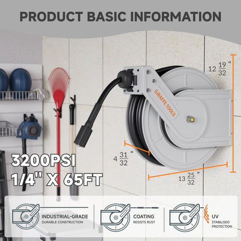 65Ft Pressure Washer Hose Reel Auto Retractable 3200 Psi Power Washer Reel with 4 Roller Anti Snag Guide, wall-mounted in garage