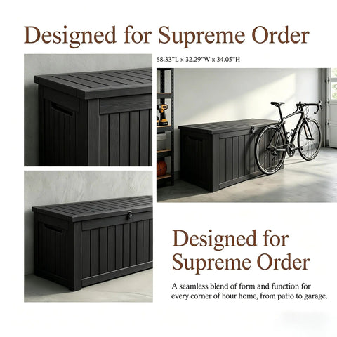Beefy 258 Gallon Resin Deck Box With Lockable Patio Storage, Waterproof Tool Box as a wood grain outdoor storage bench