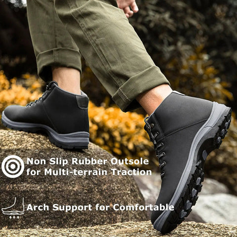 Go-To Water Resistant Lightweight Hiking Boots For Men mid ankle black boots shown in outdoor setting with anti slip traction