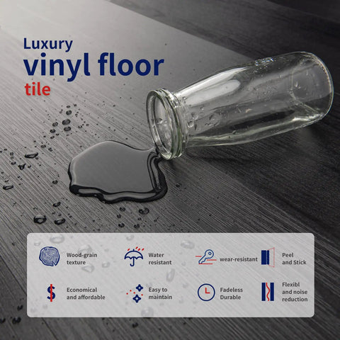 Peel And Stick Vinyl Floor Tiles Wood Plank Look Black Finish with spilt water showing waterproof feature