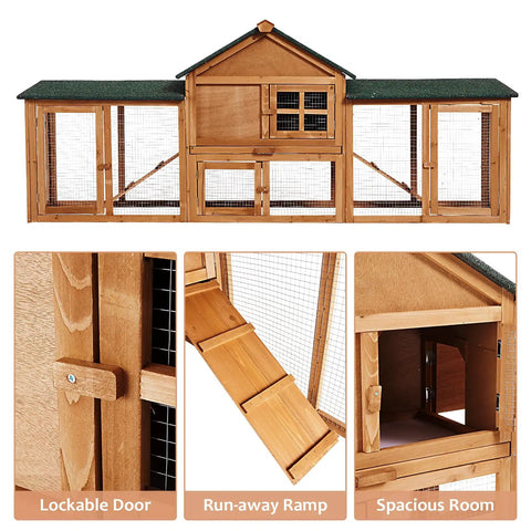 Spacious Wooden Chicken Coop And Rabbit Hutch With Dual Level Runs Waterproof Asphalt Roof Removable Tray Nest Box Outdoor Hen House For 2 To 4 Chickens Or Small Animals Backyard Pet Cage, showing lockable door, ramp, and interior.