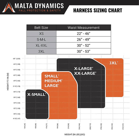 Harness sizing chart showing sizes from X-Small to 3XL for Warthog MAXX Side D-Ring Fall Protection Safety Harness