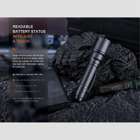 Beast Mode 3000 Lumens Police Duty Flashlight with Long Throw Beam shown in rugged outdoor setting with battery status indicator.