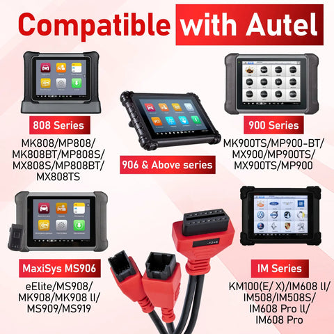 Heavy Duty 12 Plus 8 Pin To OBD2 Diagnostic Adapter Featuring Security Gateway Bypass Cable For American Cars And Trucks, showing compatibility with Autel devices.
