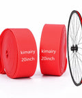 Heavy Duty Bike Rim Liner Tape For Tubes And Rims Tough As Nails Puncture Protection Red Rim Tape With Universal Fit For 26 Inch Mountain And Road Wheels Durable Inner Tubes Shield 2 Pack displayed with red rolls beside a bike wheel.