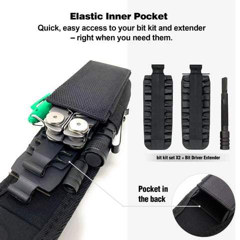 Magnetic Tool Sheath For Leatherman Fits Wave nylon pouch with bit kit, extender, and elastic inner pocket.