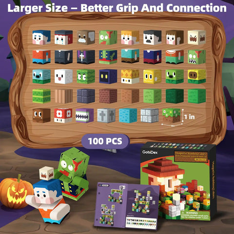 Magnetic Building Blocks Set For Kids 3 To 8, 100 Piece Colorful STEM Toys With Magnetic Cubes displayed on a wooden backdrop.