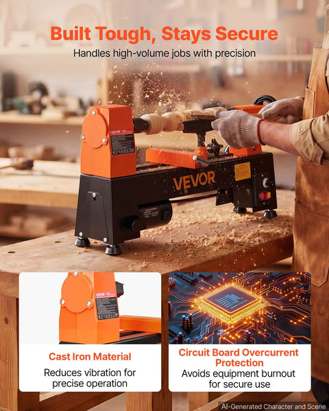VEVOR Mini Benchtop Wood Lathe, 1/3 HP 8 X 13 Inch, Variable Speed 150 To 3200 RPM in use, cutting wood with precision.