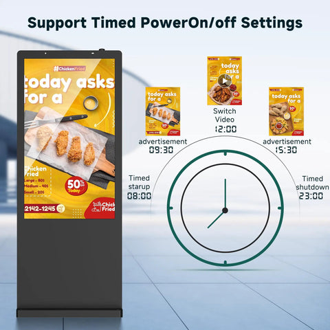 High Octane Outdoor Floor Standing Digital Signage Display Features A Rust Proof Galvanized Steel Chassis With Shatter Resistant Glass Plus Rock Solid Wifi Hdmi Usb Ports Running Smooth Android Apps Built To Crush Busy Retail Stores Subway Lines And displaying menu ads and timed settings on screen.