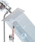 High Pressure 8 Inch Rainfall Filter Shower Head With Replaceable Cartridge Removes Chlorine Fluoride And Hard Water Substances Chrome Square Mount Improves Skin And Hair Experience with attached handheld unit and mineral filter beads.