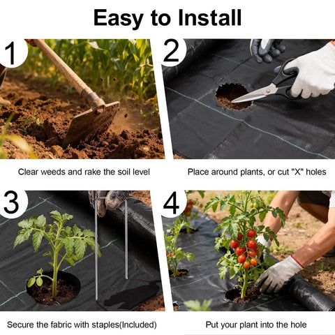 Steps to install Heavy Duty Weed Barrier Landscape Fabric 4 Ft by 100 Ft 3.2 Oz Woven Geotextile Mat for gardening.