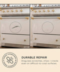 White Paint Touch Up For Appliances And Porcelain High Gloss Enamel No 04 White Haze 1.5 Oz Ideal Bathtub Tile And Appliance Repair For Interior And Exterior Use Quick Fix product shown on scratched and repaired stove surface, before and after views.