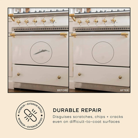 Before and after using Bright White Pro Grade Touch Up Paint For Appliances And Porcelain Enamel With A High Gloss Finish No 01 Perfect White 1.5 Oz 45 Ml Easy Tub Tile And Interior Exterior Repairs on a stove surface.