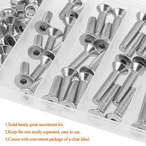 56-Piece 1/4-20 Countersunk Socket Head Cap Screws and Hex Nuts Kit, 304 Stainless Steel, Corrosion-Resistant Fasteners, 5 Lengths in organizer.