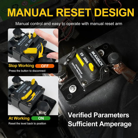 Heavy Duty 300 Amp Circuit Breaker With Manual Reset For Automotive Boat ATV Vehicles And Car Audio, Waterproof IP67, 12V-48V DC, 3/8 Inch Studs, Switchable Hi-Amp, Extended Surface Mount on battery setup