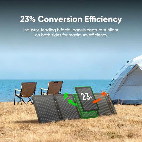 40W Air Foldable Solar Panel Kit With Book Sized PERC Bifacial Cells showing 23% conversion efficiency at campsite