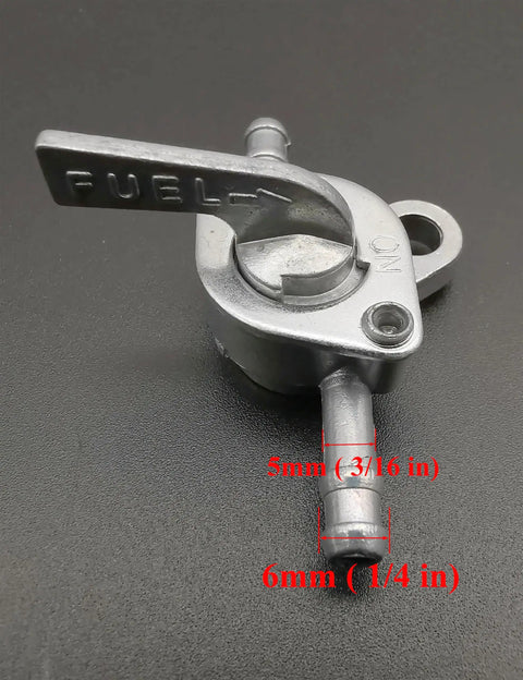 Close-up of fuel petcock valve for Three Sixteenth Inch Gas Fuel Line Hose With Inline Shut Off Valve Petcock And Filters Clamps For 50cc to 150cc ATVs.