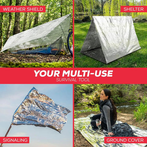 4 Pack Space Mylar Blankets For Survival Gear And Cold Weather Warmth used as shelter, ground cover, and signaling tool.