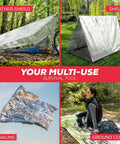 Six Pack Emergency Mylar Blankets for Survival Gear and Outdoor Kits showing use as weather shield, shelter, signaling, and ground cover.