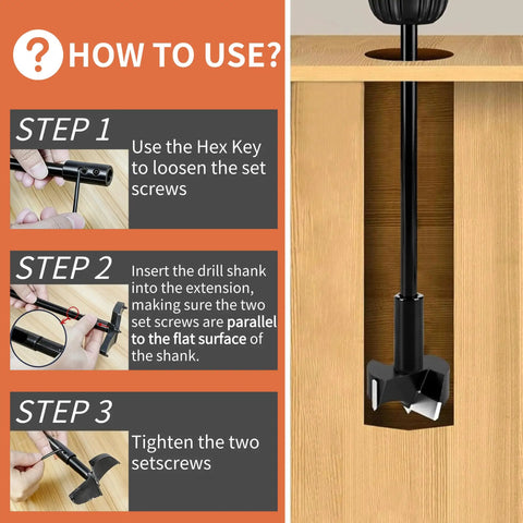 Heavy Duty Drill Bit Extension Set With Three Eighth Inch Hex Shank And Extra Long Forstner Bit Adapter instructions for use with hex key and wood.