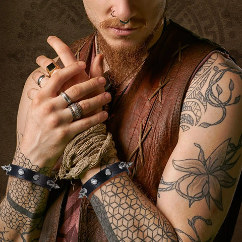 Dope Three Piece Leather Punk Set Featuring Spiked Gothic Choker And Dual Studded Wristbands For Savage Street Style Rock Edge Heavy Metal Fits Perfectly, showing dual studded wristbands on tattooed arms.