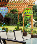 Two Pack Hot Air Balloon Wind Spinners For Outdoor Hanging Garden Decor with hummingbird and butterfly design under pergola