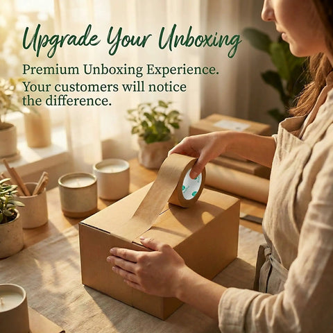 Person using Ultra Strong Kraft Paper Packing Tape For Boxes And Cartons, Beast Mode Sealing For Shipping And Moving on a box