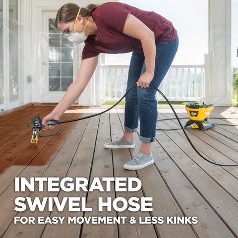 No Fuss Heavy Duty Airless Paint And Stain Sprayer Designed For Clean Low Overspray Results And Lightning Fast Coating On Exterior Siding Large Decks And Fences with integrated swivel hose for easy movement.