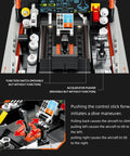 Close-up of F-35 Fighter Jet Building Set cockpit with labeled controls, showcasing mechanical linkage and functional features.