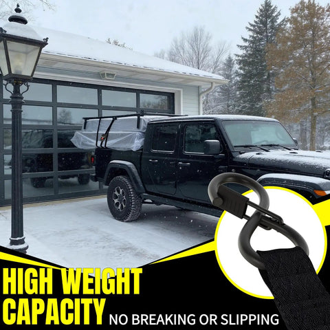 Hardcore Heavy Duty Retractable Ratchet Straps 1 Inch By 12 Feet Auto Tie Down With 1760 Lb Break Strength No Frills Cargo Hauler For Atv Trailer Motorcycle Pickup Truck Utv Kayak 4 Pack on a black pickup truck in snow.