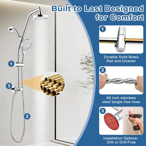 Rain Shower Head With Handheld Combo, High Pressure Dual Shower System With Sliding Bar and 60 Inch Stainless Steel Hose