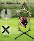 Durable Outdoor Hammock Swing Stand With Rust Resistant Steel and X base holds 350 lb, featuring a dog in a hammock outdoors.