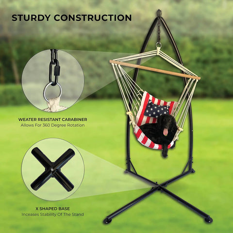 Durable Outdoor Hammock Swing Stand With Rust Resistant Steel and X base holds 350 lb, featuring a dog in a hammock outdoors.