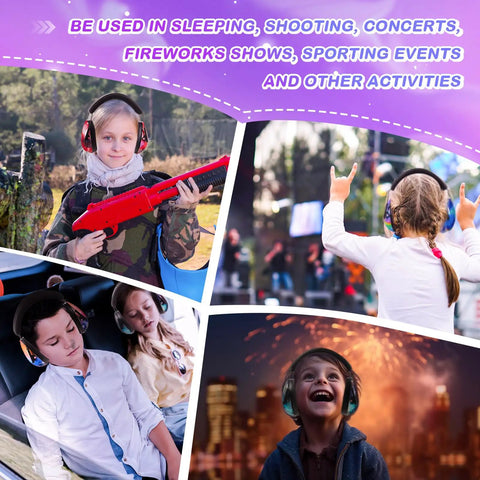 Kids And Adults Noise Reduction Ear Muffs 27dB Noise Cancelling Hearing Protection Headphones Universal Fit in Starry Sky style worn by children and adults at various events.