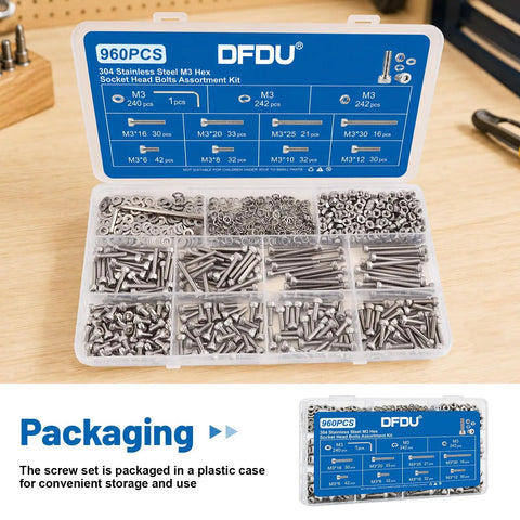 Top Shelf Heavy Duty 960 Piece M3 Hex Socket Head Cap Screw Assortment Kit With Hex Nuts And Flat Washers 304 Stainless Steel in organizer.