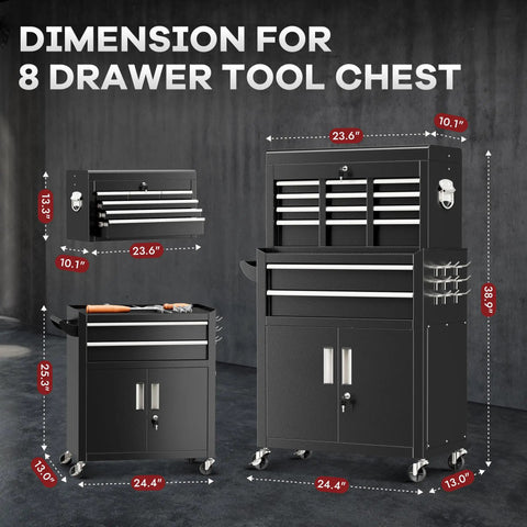 Rolling Tool Chest With Wheels 8 Drawer Metal Tool Cart And Portable Work Bench 2 in 1 Detachable Design With Drawer And Hooks For Garage Workshop Warehouse And Home Shop Heavy Duty Black dimensions shown