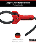 Straplock 7 Inch Strap Wrench Pipe Handle with locking design, high visibility red finish, designed for plastic pipes, shown in package.