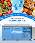 Heavy Duty 72 Inch Commercial Sandwich Prep Table Refrigerated Salad Fridge Equipped With 18 Easy Slide Topping Pans And A Wide Cutting Board with fresh produce.