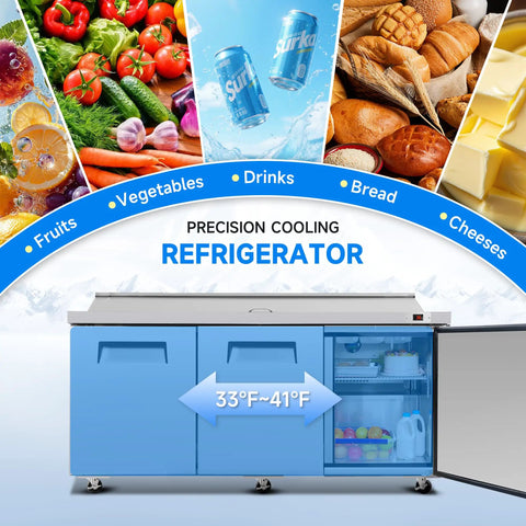 Heavy Duty 72 Inch Commercial Sandwich Prep Table Refrigerated Salad Fridge Equipped With 18 Easy Slide Topping Pans And A Wide Cutting Board with fresh produce.