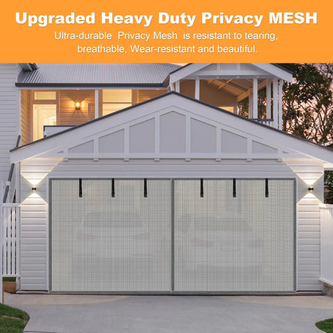 Hands Free Magnetic Garage Door Screen In Privacy Silver, 9 By 7 Feet, installed on white garage, showcasing mesh material