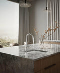 Single Handle Kitchen Bar Faucet For Prep Sink With Single Hole Installation Polished Chrome Flexible Supply Lines Ceramic Disc Valve Temperature Memory No Fuss Controls Durable Performance For Everyday Use installed on marble countertop