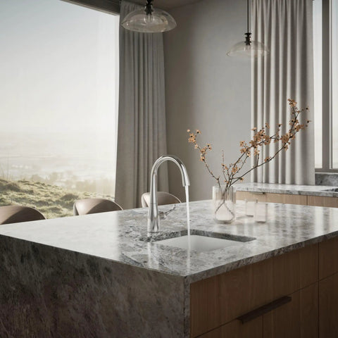 Single Handle Kitchen Bar Faucet For Prep Sink With Single Hole Installation Polished Chrome Flexible Supply Lines Ceramic Disc Valve Temperature Memory No Fuss Controls Durable Performance For Everyday Use installed on marble countertop