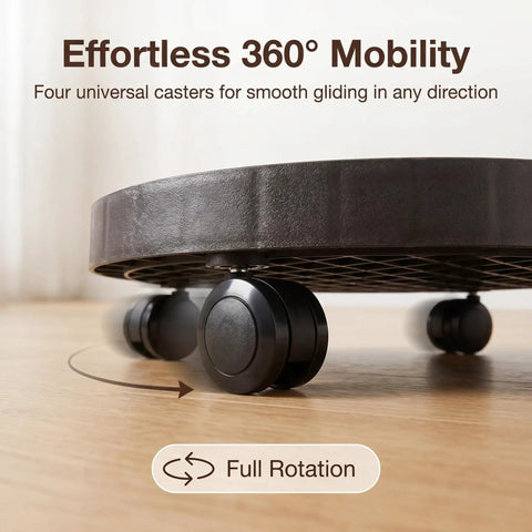 14.2 Inch Round Planter Caddy With Heavy Duty Smooth Gliding Casters, showing 360° mobility with black casters for easy maneuvering.