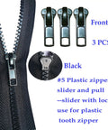 Zipper Repair Kit Size Five Twelve Piece Set With Sliders Top Stops And Bottom Stops For Coats And Jackets No Fuss Easy Quick Fix For Metal Plastic And Nylon Zipper Teeth, black plastic sliders.