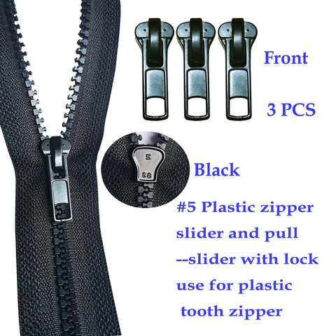 Zipper Repair Kit Size Five Twelve Piece Set With Sliders Top Stops And Bottom Stops For Coats And Jackets No Fuss Easy Quick Fix For Metal Plastic And Nylon Zipper Teeth, black plastic sliders.
